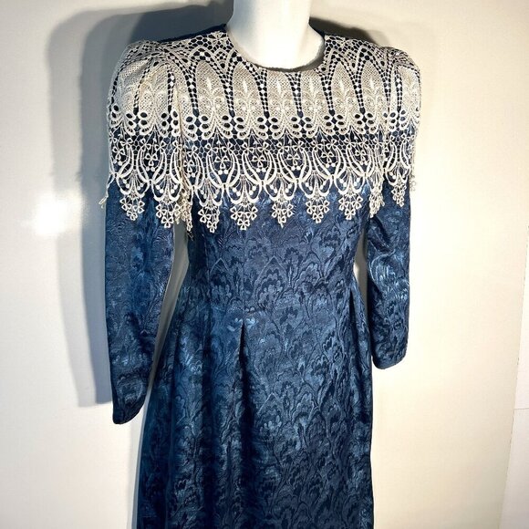 Vintage In The Mood SZ 8 Teal Satin Brocade Crochet Cape Collar Midi Dress 80's - Picture 2 of 9